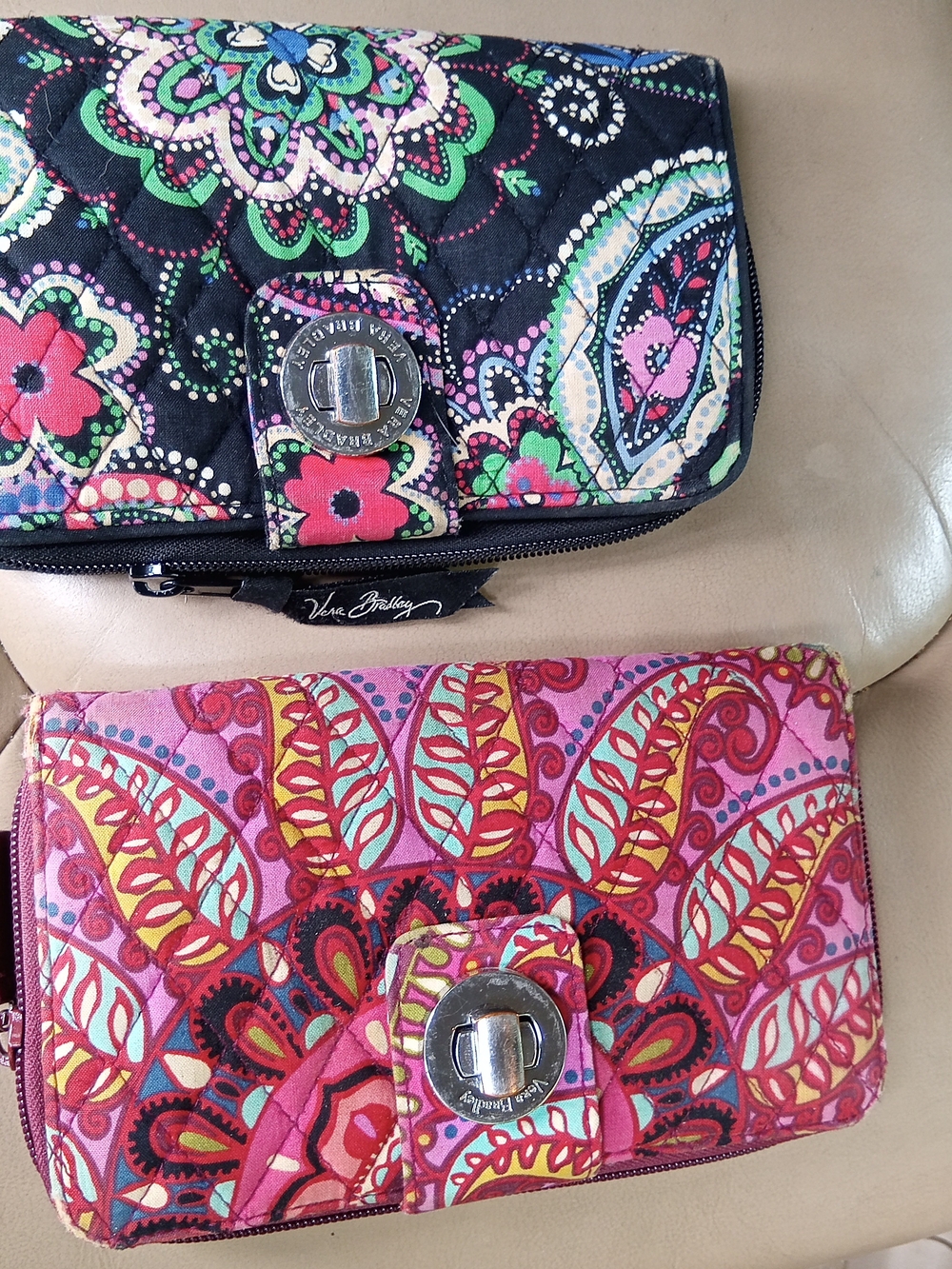 2#bundle Vera Bradley Pink& Black Paisley Quilted Large Wallets- Floral Turnlock
